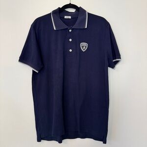 Automobili Lamborghini Polo Shirt Blue White Collared 3 Button Cotton Sz L